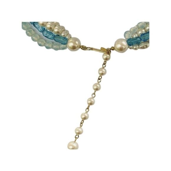 Womens Blue Tan Beaded Faux Pearl 5 Tier Silver Princess Vintage Necklace 18” - Picture 7 of 8